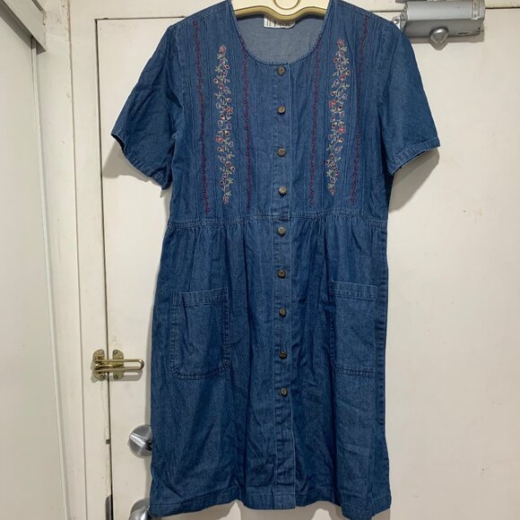 VINTAGE IMAGE DENIM EMBROIDERY DRESSES SIZE L - Picture 2 of 6
